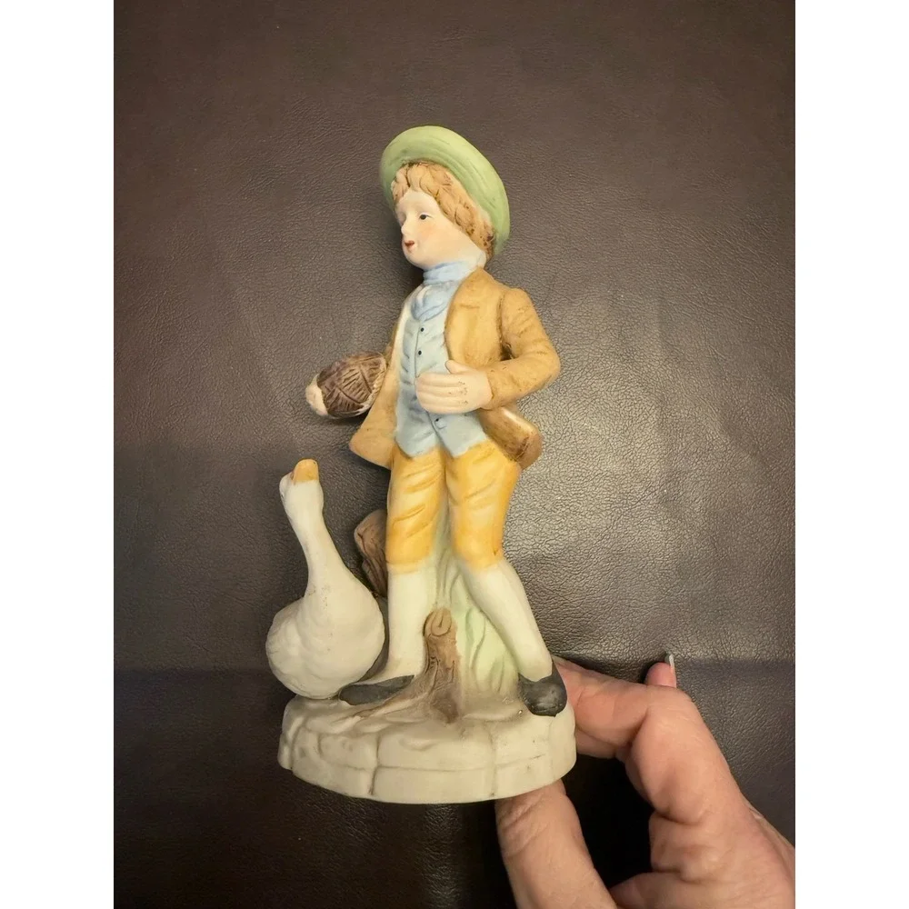 Vintage Porcelain Figurine Boy Feeding Duck with basket Collectible Hand Painted
